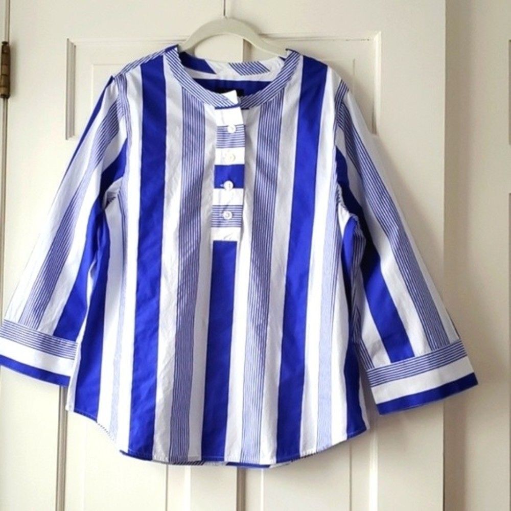 NWT J. CREW COTTON POPLIN BLUE WHITE STRIPE TUNIC MEDIUM NAUTICAL BEACHY PREPPY